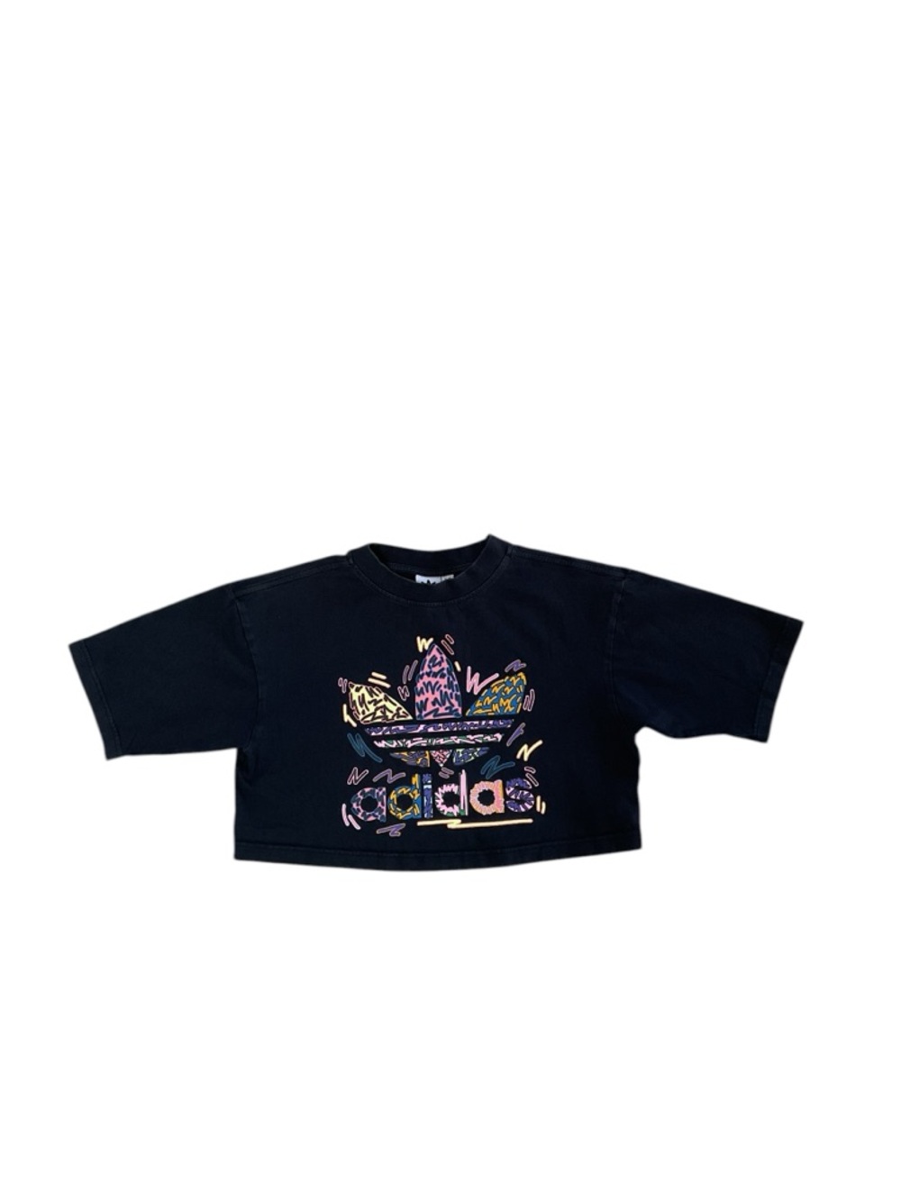 Adidas Cropped Graphic Tee Black Trefoil Logo Y2K Streetwear S - Picture 2 of 7